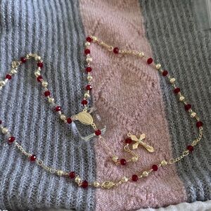 18k Gold tone and Red Beaded Crystals $25